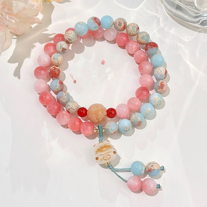 Natural Persian Agate Beaded Bracelet, Pink Blue Tones with Cat Charm Pendant Adjustable Double Layer Women's Healing Crystal Jewelry Wholesale