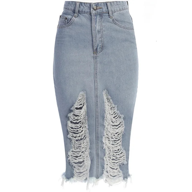 Hole Denim Midi Skirt Women 2024 Spring Summer High Waist Streetwear Sexy Buttocks One Step Skirts Bodycon Vintage Jean 260603BANJIABANJIA