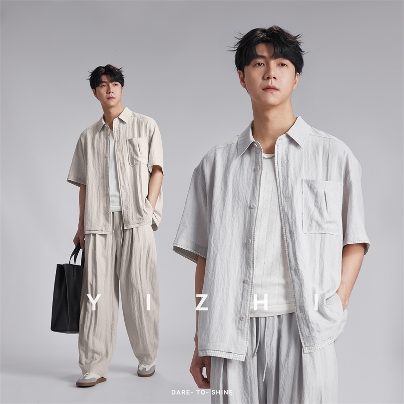 Fashion Mens Lyocell Linen 2Piece Set 2026 Summer TurnDown Collar Loose Casual Cool Touch Shirt and Shorts 260612