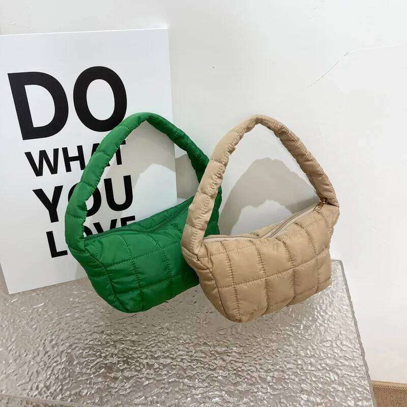 Quilted Padded Shoulder Bag - Spacious Retro Hobo Handbag with Plaid Embroidery, and Durable Nylon Material for Women