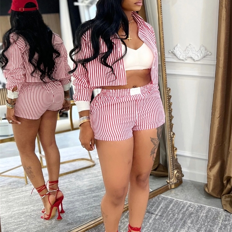 Beyprern Womens Red Striped Blouse Shirt Top And Matching Shorts Set Summer Tracksuits Set 2 Piece Outfits Workout Overalls 260612