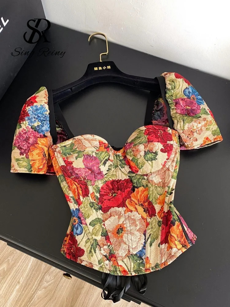 SINGREINY American Retro Floral Print Blouse 2026 Women Sqaure Neck Puff Sleeves Holiday Lace Up Corset Vintage Bohemian Top 260613