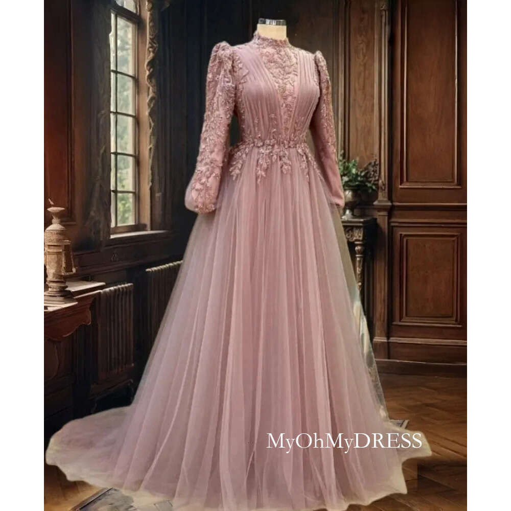 Elegant Muslim Evening Dresses Beaded High Collar Long Sleeves A Line Pink Tulle Formal Occasion Gowns Pleats Islamic Arabic Prom Dress For Women 20