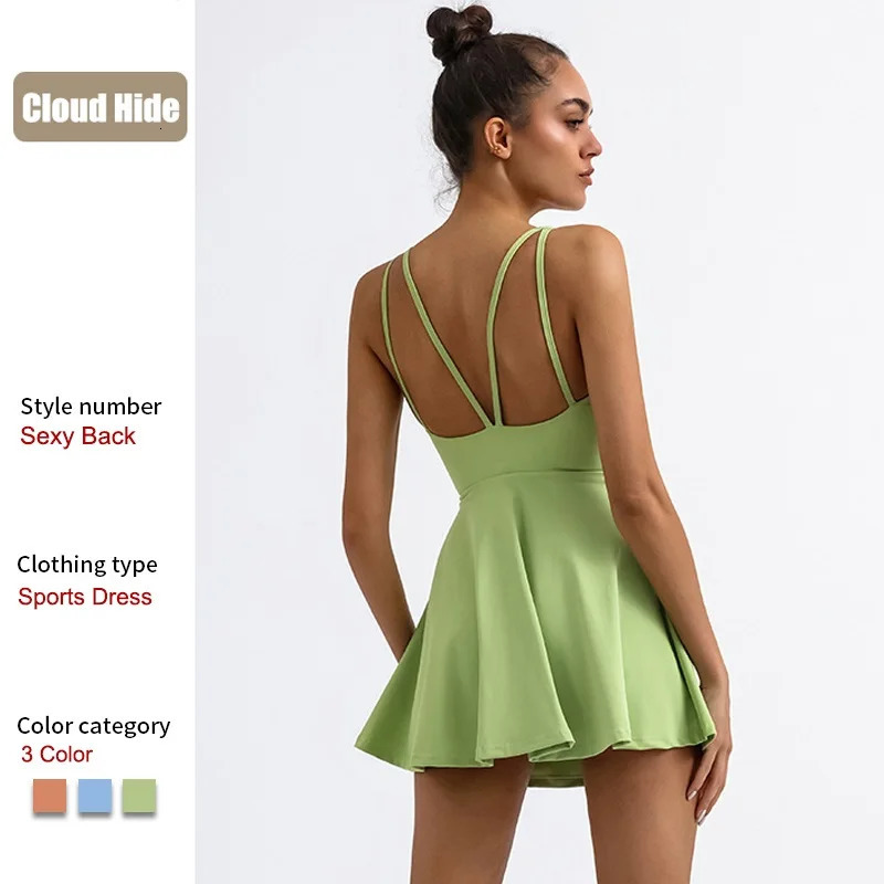 Cloud Hide SEXY Back Sports Dress Pocket Tennis Dresses Women Safe Shorts Gym Golf One Piece Yoga Suit Fitness Dance Long Skirt 260612