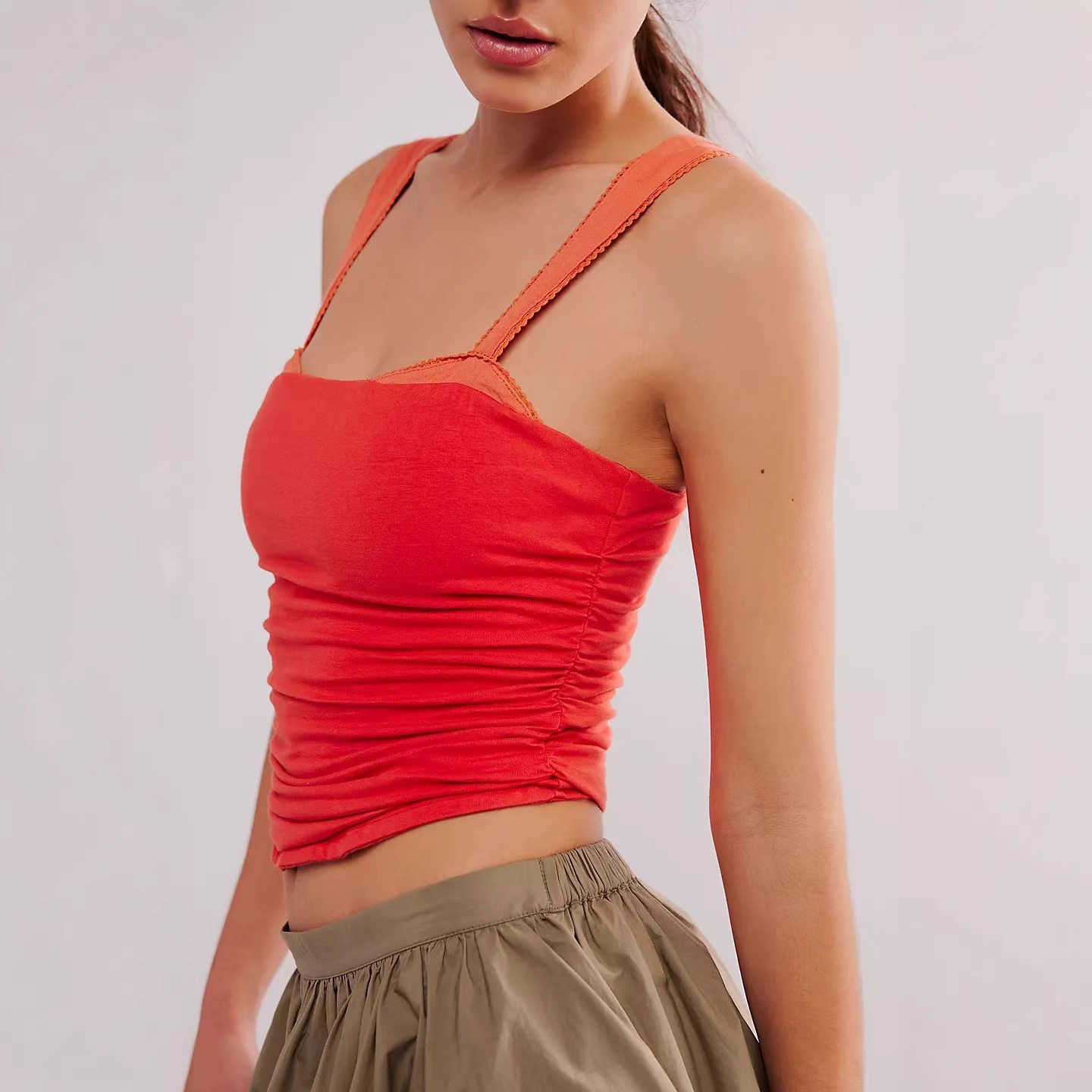 Summer tank top with stretch solid color base layer trendy patchwork ruched camisole top L260612
