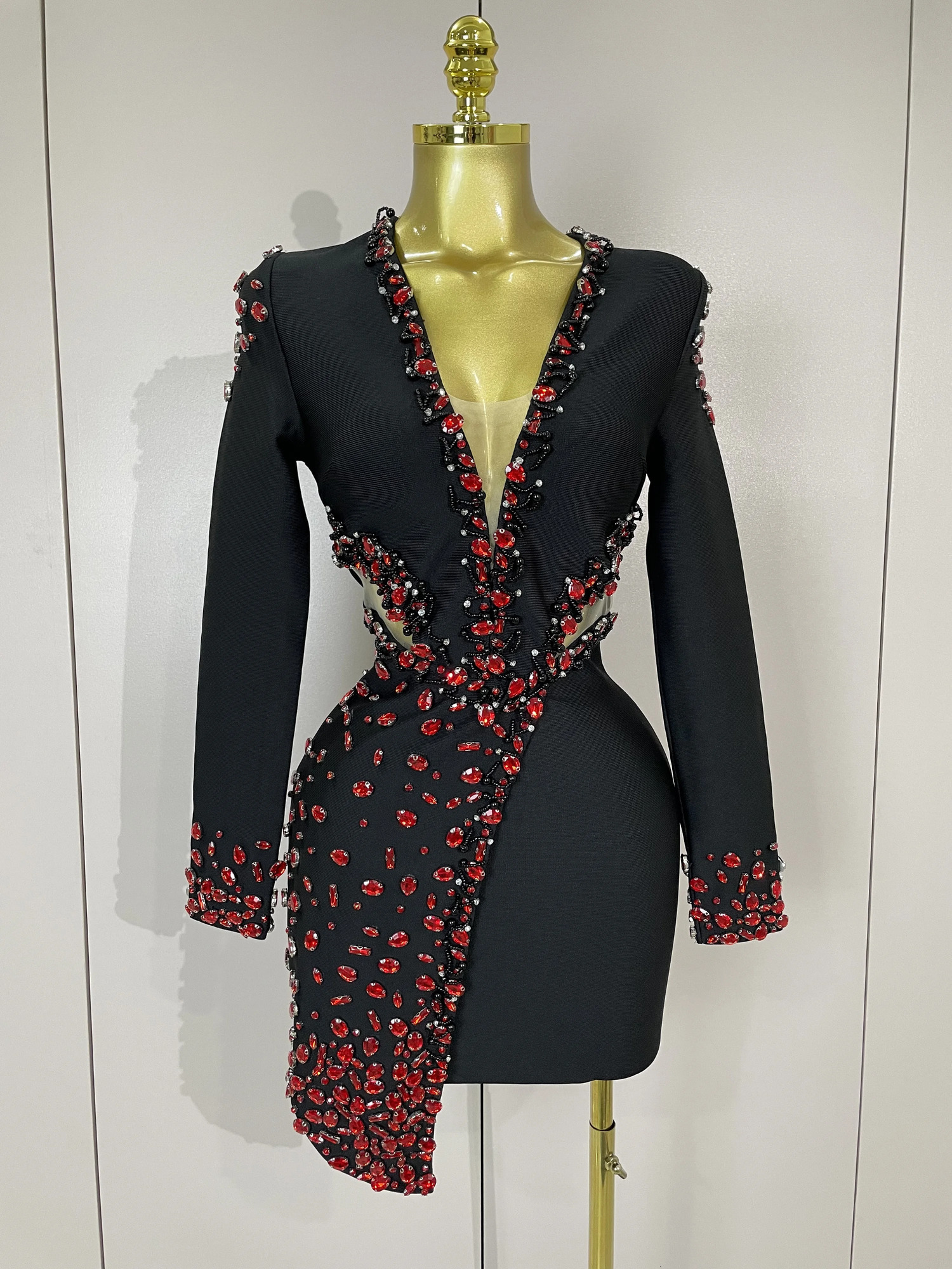 Women Celebrity Sexy Long Sleeve V Neck Rhinestone Black Bandage Dress Elegant Evening Club y Birthday Party Dresses 260608