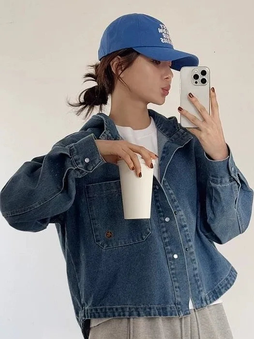 Retro Chic Womens Denim irt Jaet Hong Kong Sle Single-Button ort Outerwear Top with Hood Loose Fit Non-Sinkage 260609