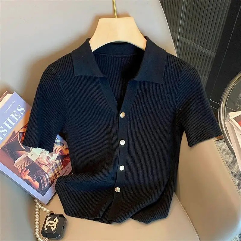 Knitted Polo Shirt Womens Summer Cardigan Short Sleeve TShirt Casual Fashion Tops Knitwear Korean Clothing 260613
