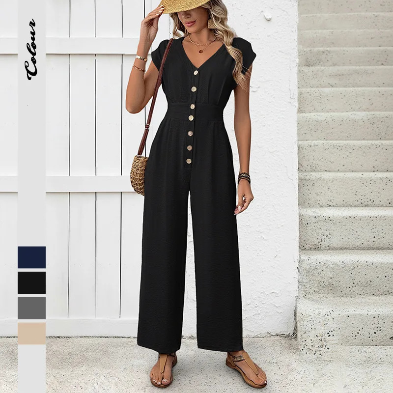 Chic Vacation Jumpsuits Simple Wind Short Sleeve Female Casual Women Jumpsuit Vneck Solid Color Wideleg Y2K 260609BANJIA