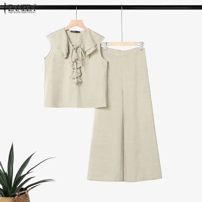2026 ZANZEA Summer 2 Pieces Sets Solid OL Work Outfit Elegant V Neck Sleeveless Blouse Pant Casual Holiday Tracksuit 260609