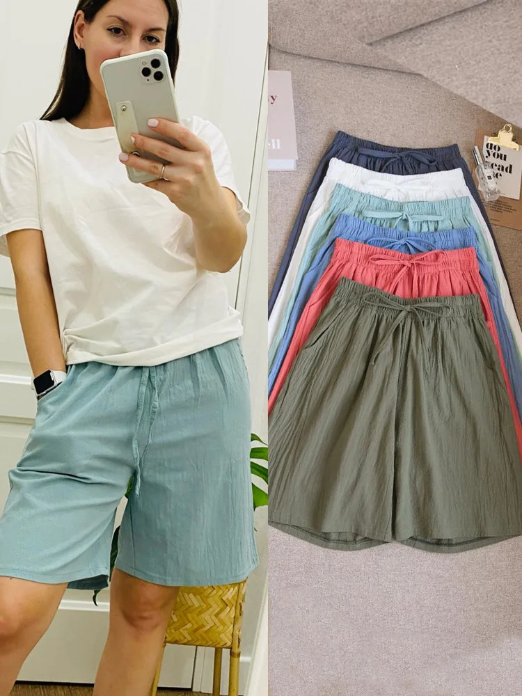 Women Cotton shorts Summer Casual Solid Cotton Linen shorts high waist loose shorts for girls Soft Cool female shorts 260612