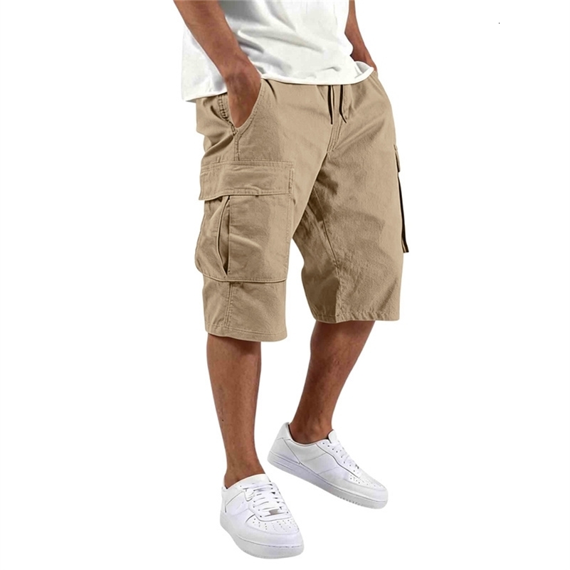 2026 Summer men loose straight pants Casual multi-pocket Shorts pure color fashion Men Shorts drawstring daily cargo short pants i260612