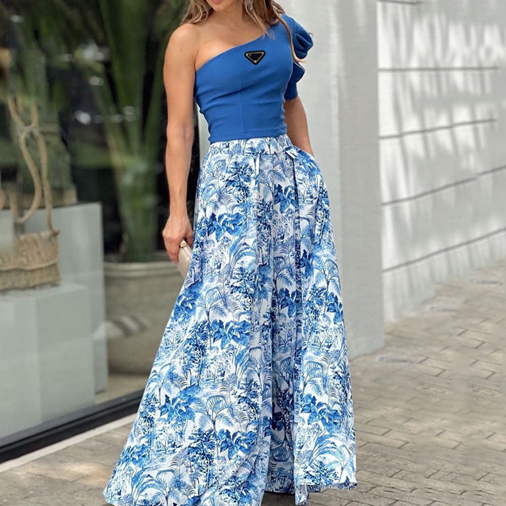 Summer Beach Vacation 2Pcs Matching Set For Women One Shoulder Single Puff Sleeve Solid Crop Top Floral Print High Waist Flowy Maxi Skirt