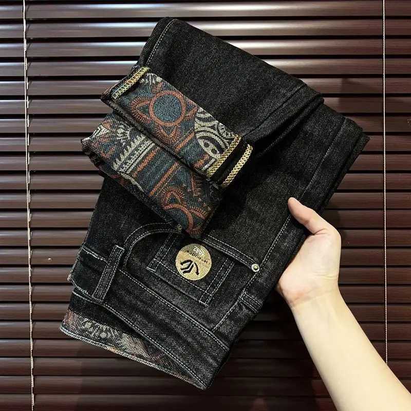 Mens Pants Spring and Summer Embroidery Printing Luxury Elastic Slim Straight Pants Trendy Pants Black Mens Jeans for Men T260410