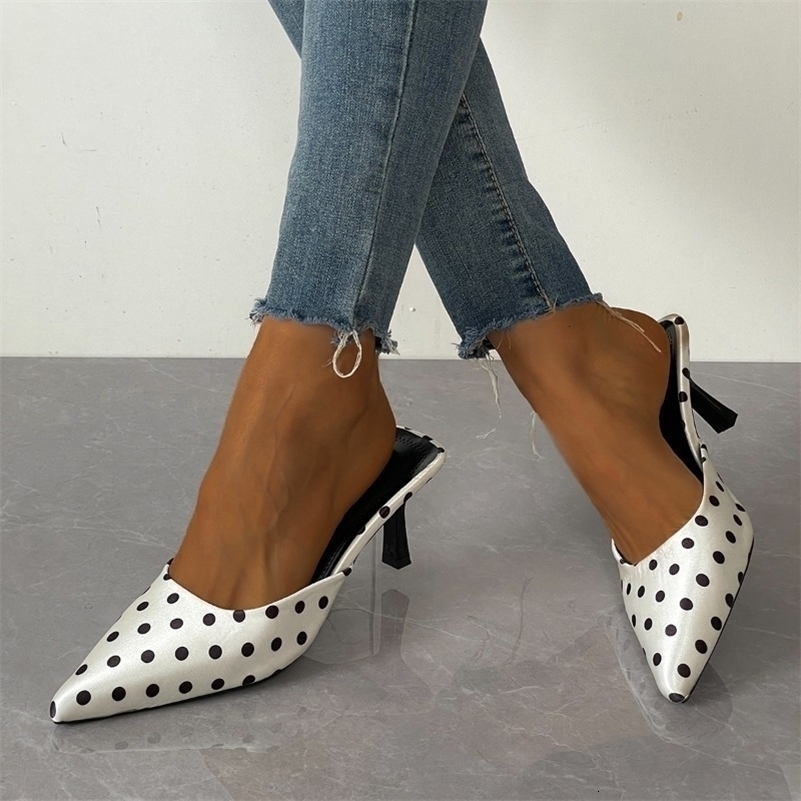 Polka Dot High Heel Summer Women Slippers Fashion Cover Toe Dress Mules Slides Ladies Elegant Slip On Party Pumps 260612