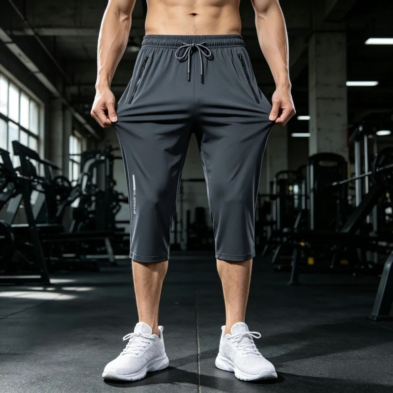 Mens Ice Silk Capris Shorts Plus Size Quick-Dry Elastic Waistband Letter Print Zipper Pockets Sports Pants 260612