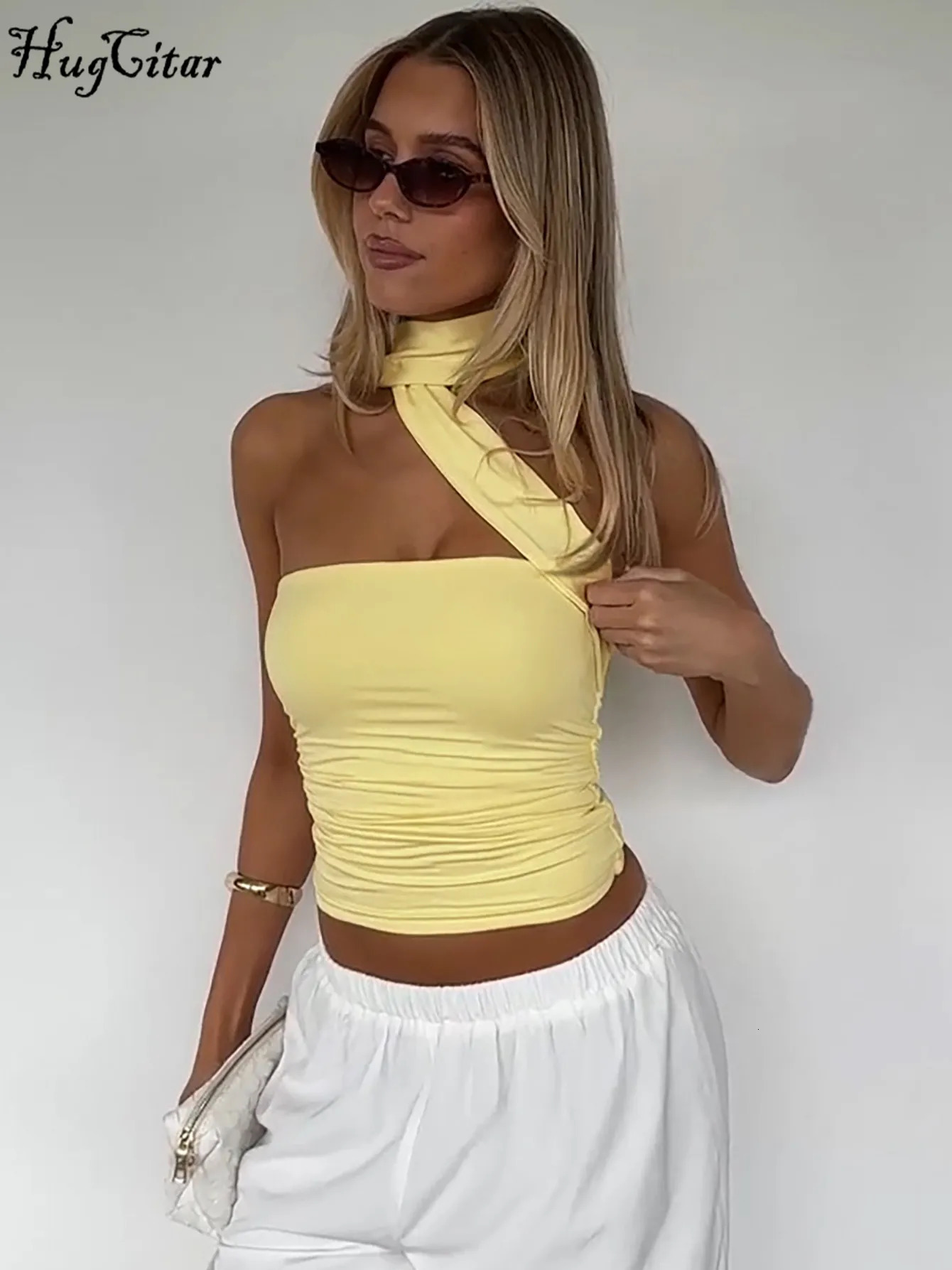 Hugcitar Women Elegant Halter Scarf Strapless Ruched Solid Sexy Slim Crop Tank Top Summer Casual Clothes Streetwear Party 260613