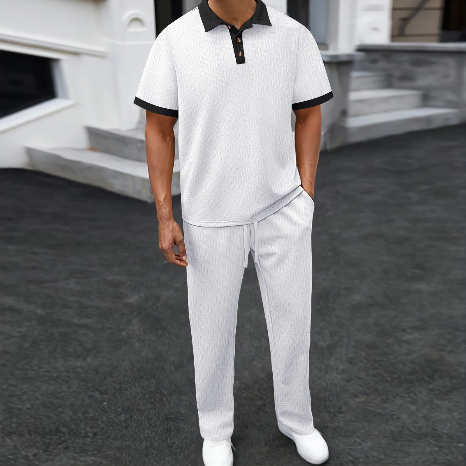 Mens 2 Piece Polo Shirt Pants Set Textured Contrast Collar Casual Tracksuit for Daily Streetwear