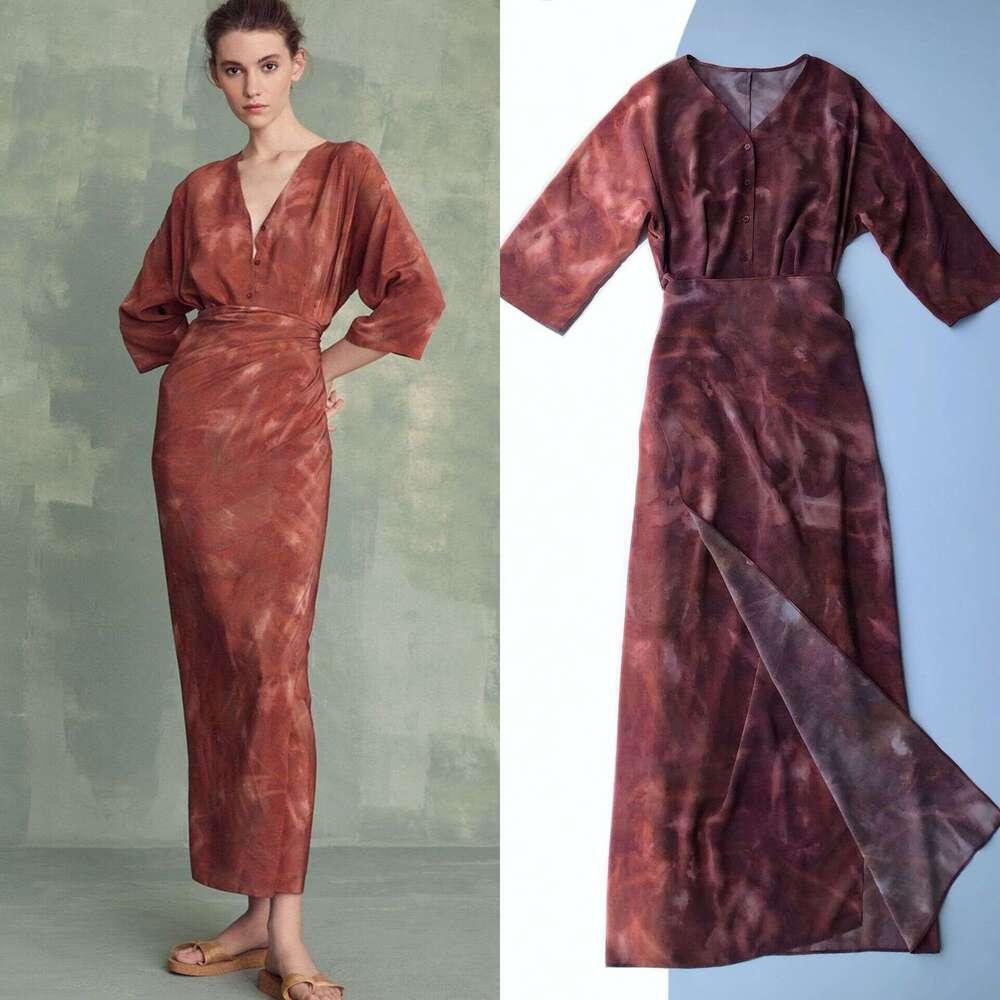 French vintage style high quality unset red gradient oil painting Designer dress abstract print sand-washed silk V-neck one-piece wrap dress