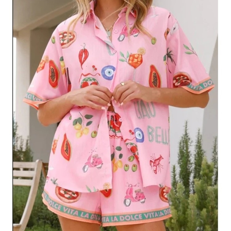 Fashion Digital Printed Womens Summer Beach Vacation Shorts Set Casual Short Sleeved Shirt Topwide Leg Shorts Two-piece Set 260612