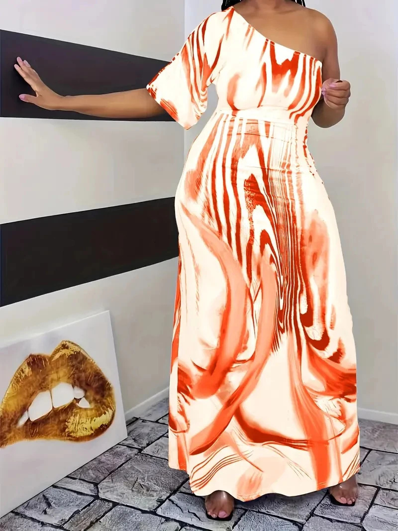 Plus size womens fashion casual milk white printed single sleeved off shoulder dress long skirt 260608