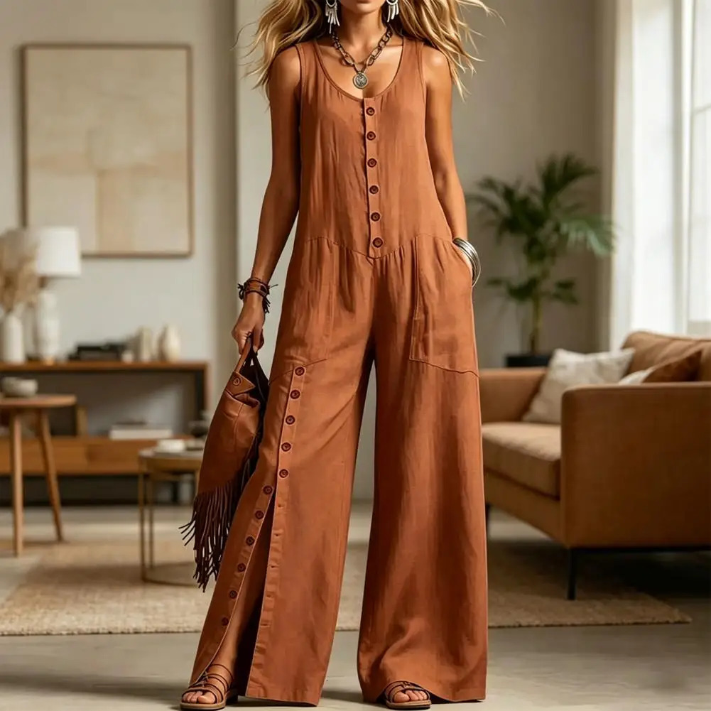 2026 Sexy V Neck Fashion Spring Pocket Wide Leg Jumpsuit Button Down Sleeveless Rompers Summer Loose Wear Overall 260613