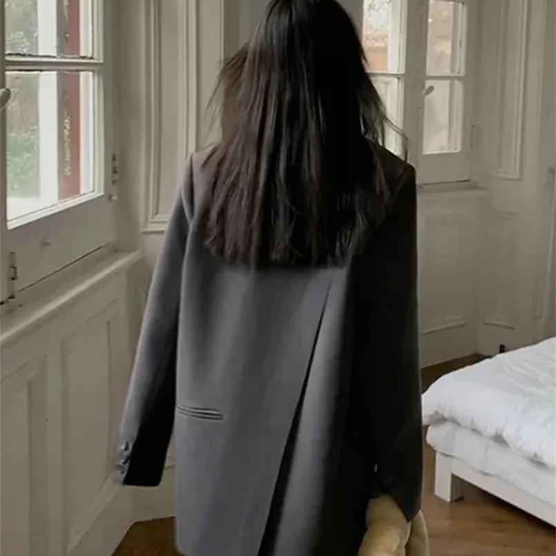 Womens Black Suit Jacket Long Sleeve Blazer Korean Fashion Back Split Office Blazer Ladies Loose Coat 260604