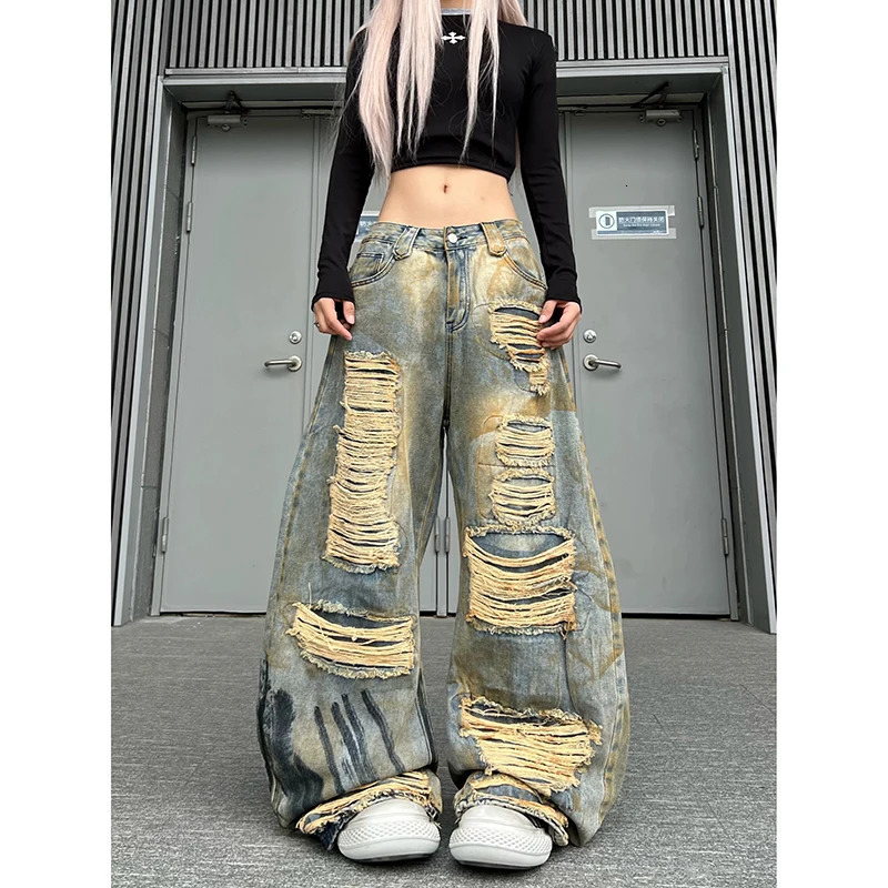 ZHIZOU Summer High Waist Ripped Womens Blue Jeans American Vintage Streetwear Y2K Wide Leg Jean 2000s Trouser Baggy Denim Pants 260608