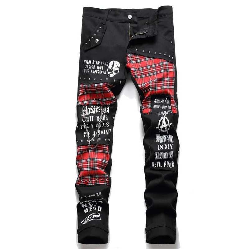 2026Korean Fashion Red Plaid Patchwork Punk Rivet Men Slim Jeans Trousers Skull Letters Print Hip Hop Chain Denim Pants Spodnie T260410