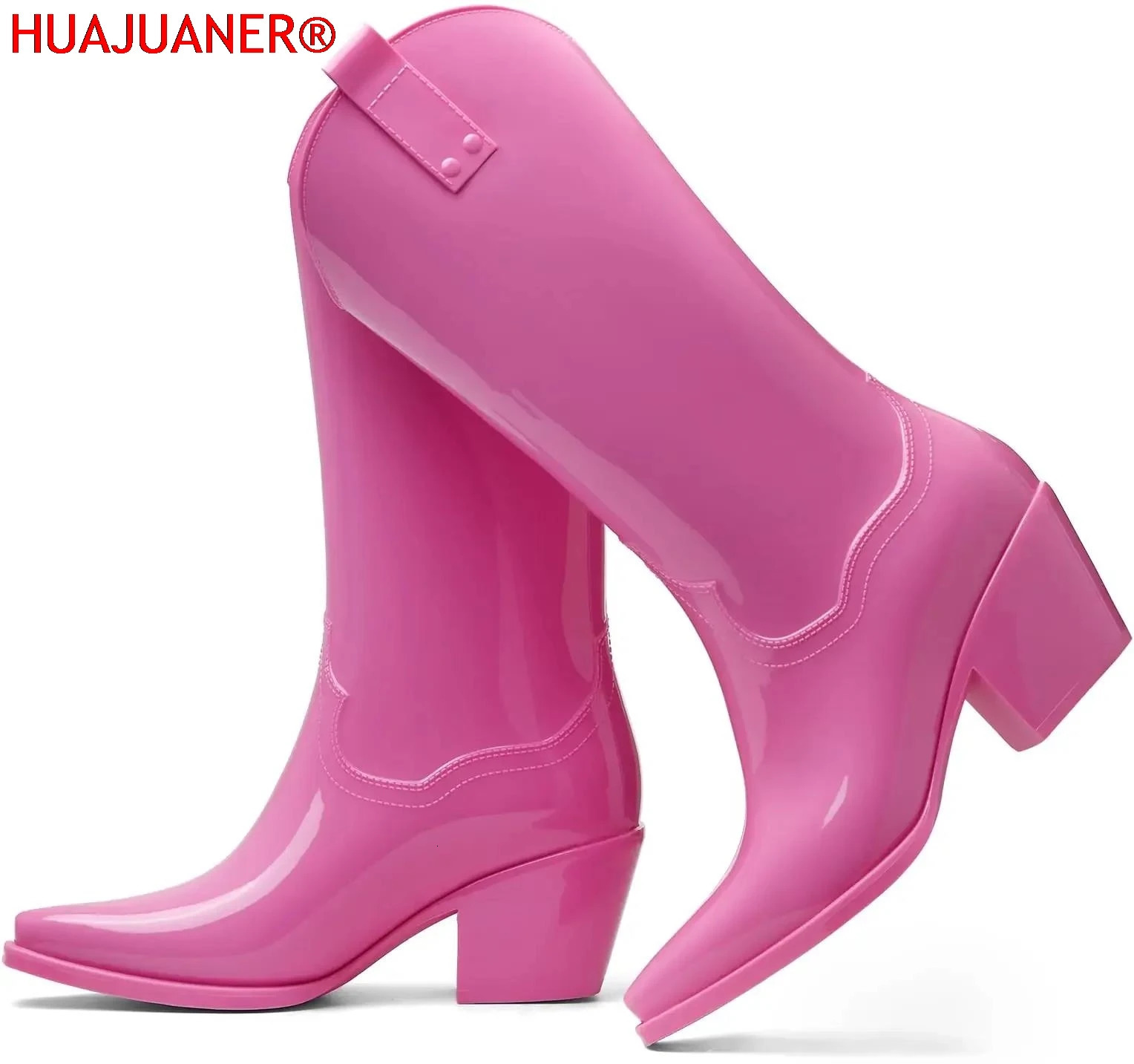 2026 Traf Spring Women Rain Black Pink Cowboy Boots Rubber For y Mid Heel Shoes 260608