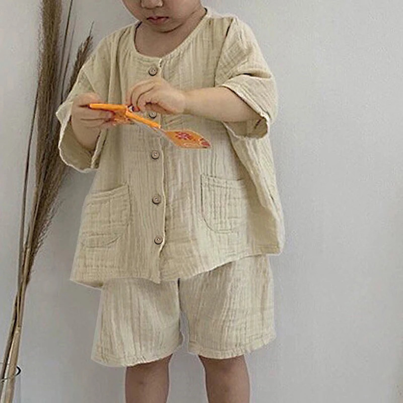 100 Cotton Childrens Clothing Suit Summer Girls Toddler Boys 2pcs Pocket Blouse Loose Shorts Baby Kids Casual Sets TZ72 260612