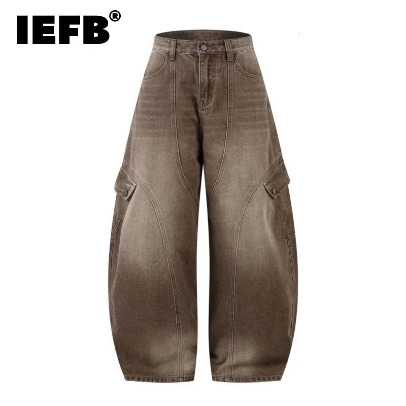 IEFB Vintage Mens Curved Seam Cargo Jeans Washed Brown Distressed Wide Leg Baggy Oversized Casual Streetwear Denim Pants 9X2952 260610