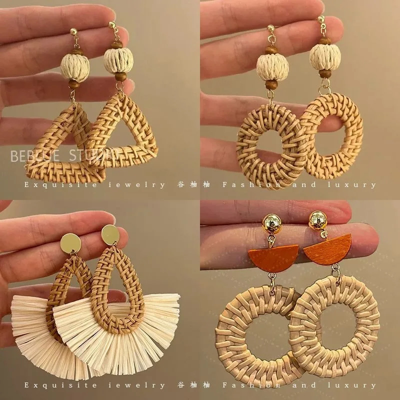 ALIYA exaggerated handmade retro rattan Raffia geometric earrings ethnic style summer beach womens tassel earring 260612