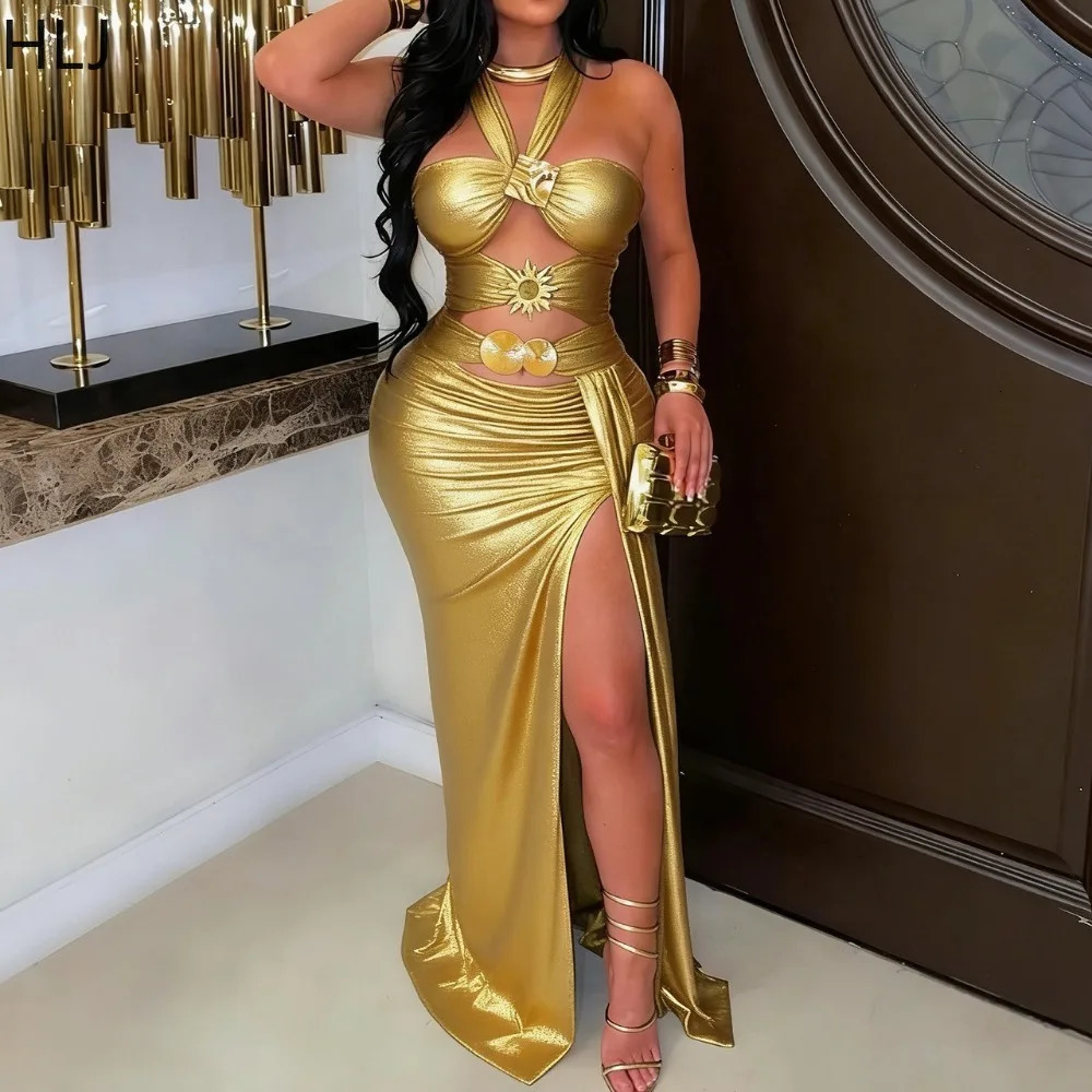HLJ Sexy Hollowout Slit Bodycon Dresses Woman Halter Sleeveless Backless Dress Elegant Female Party Clubwear Vestidos 2026 260613
