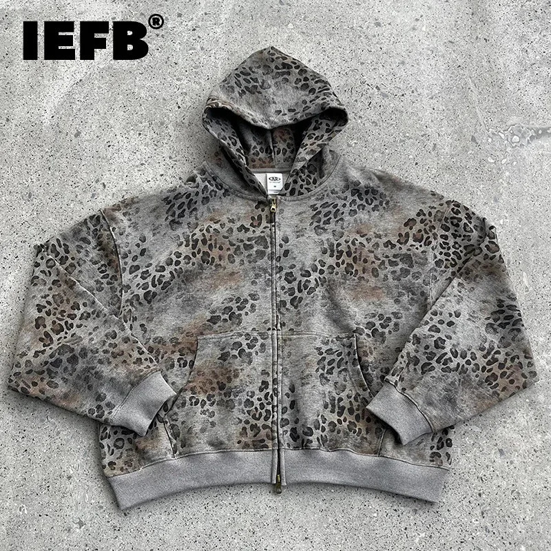 IEFB Streetwear Mens Hoodie Leopard Print Washed Grey Zip Up Oversized Fit Casual Daily Premium Cardigan Sweatshirt Top 9X2915 260610