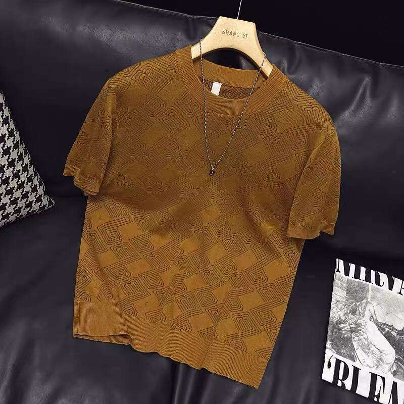 Luxury Brand Designer Clothes Luxury Quality European Fashion Brand Stylish Ice Silk Men's Short-Sleeve Round-Neck Thin Jacquard Knit Base Shir