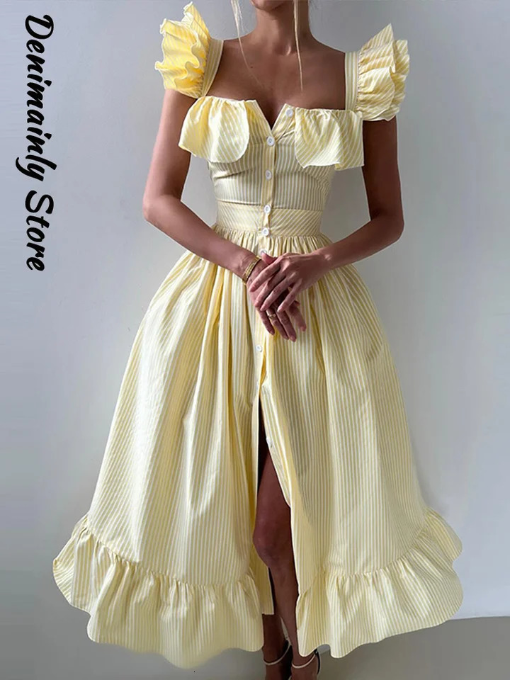 Elegant Striped Ruffled Womens Long Dress Square-Neck Single Breasted Flying Sleeve Dresses 2026 Summer Lady Party Beach Robes 260612