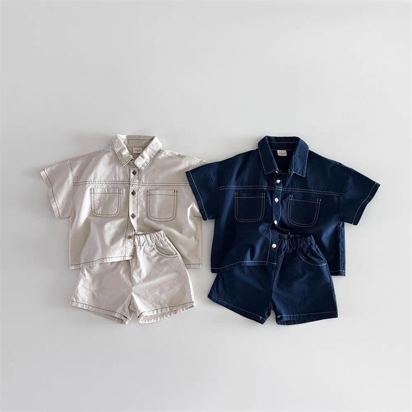 TZ2614 Korean Style Summer Childrens Clothing Set Boy Girl Soft Denim Shirt with Stitching Trendy Outfit for Kids 260612