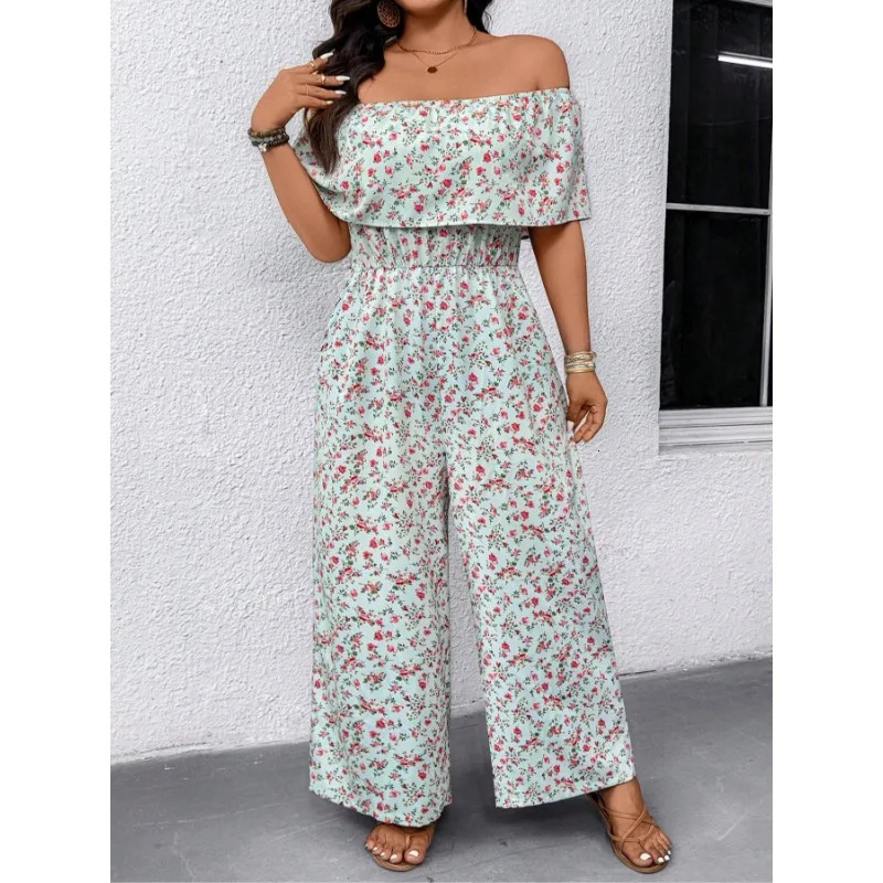 Plus Size 1XL-5XL Womens Fashionable One-piece Collar Waist Cinching Elegant Printed Jumpsuit 260608