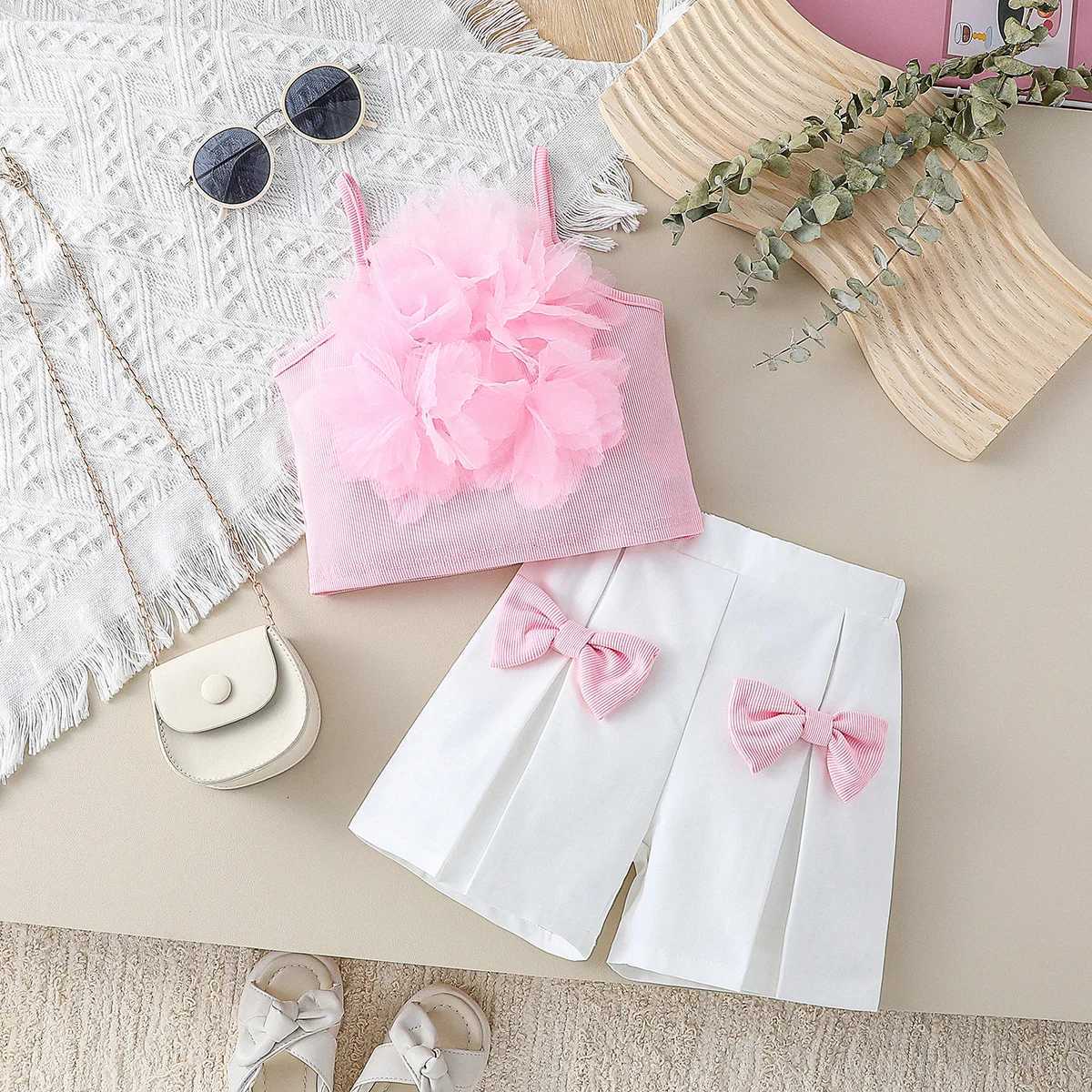 2Pcs Girls Summer Fashion Sleeveless Square Neck Pink Tops With Flower Solid Shorts Pants Set For Kids Active Suit ClothesT260613
