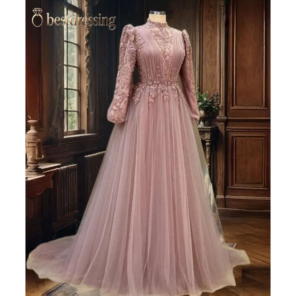 Elegant Muslim Evening Dresses Beaded High Collar Long Sleeves A Line Pink Tulle Formal Occasion Gowns Pleats Islamic Arabic Prom Dress For Women 20