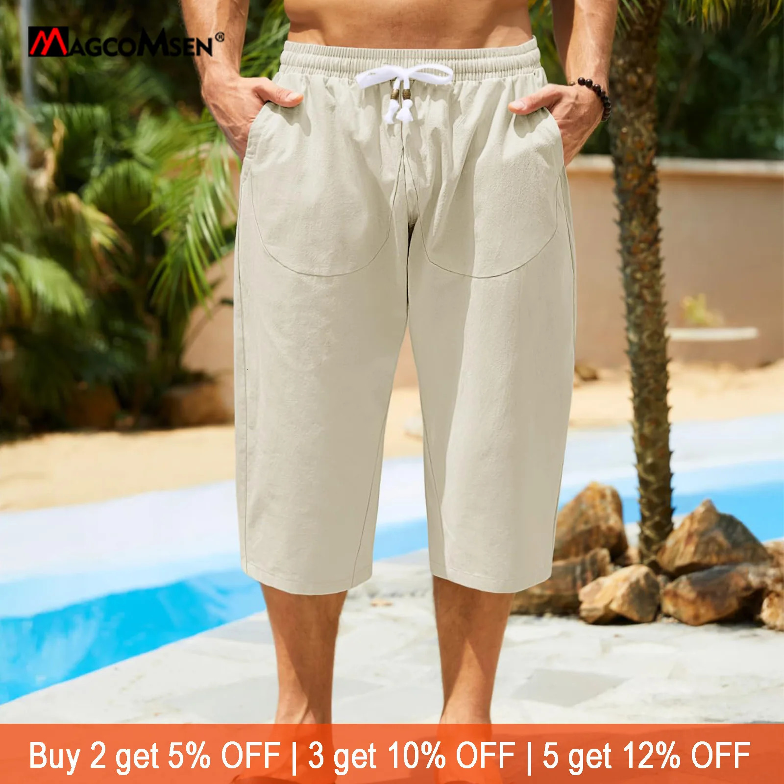 MAGCOMSEN Mens 34 Length Cotton Linen Harem Pants Loose Fit Elastic Waist Drawstring Outdoor Casual Summer Shorts Pockets 260613