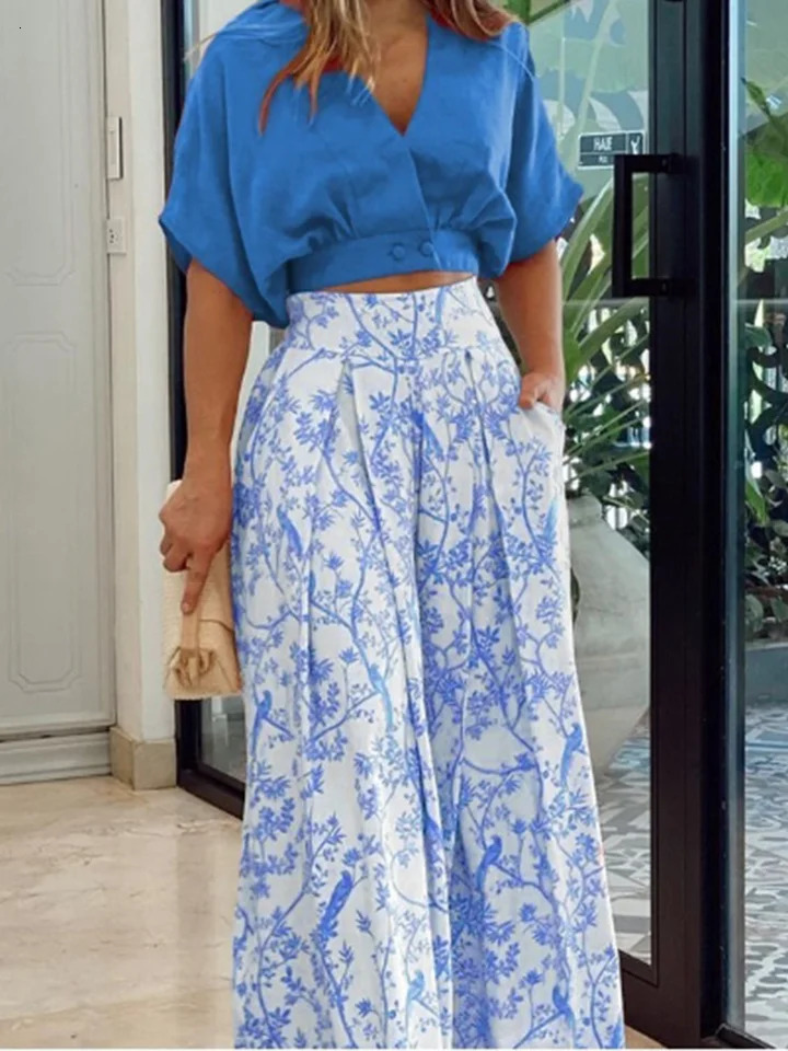Solid Color V-neck Short Sleeved Floral Print Womens Wide Leg Pants High Street Fashion Daily Versatile Summer Set 260611