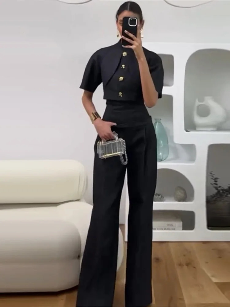 Women Summer Trouser Set Chic Stand Collar Single Breasted Cropped Coat Wide Leg Pant Lace Up Casual High Street 2026 Outfit 260609BANJIABANJIA