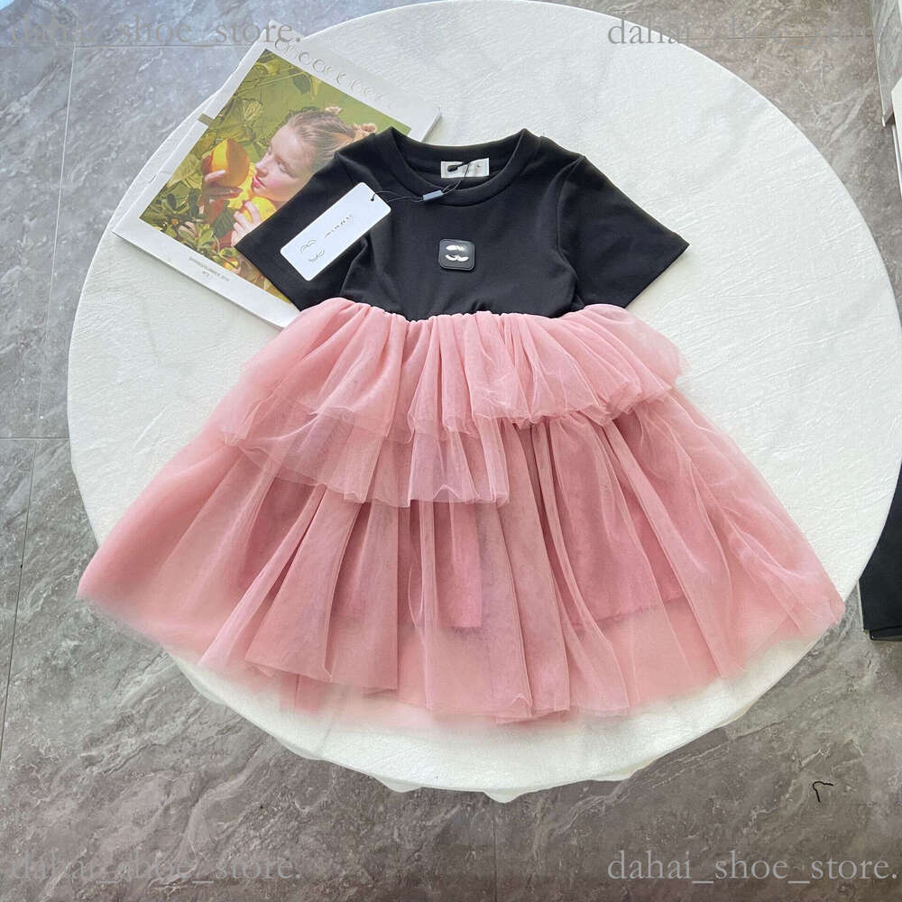New 2026 Kids Clothing Summer New Girlsshort Sleeve Princess Korean Style Leather Label Patchwork Unique Mesh Puffy Pure Cotton Dress Correct Style