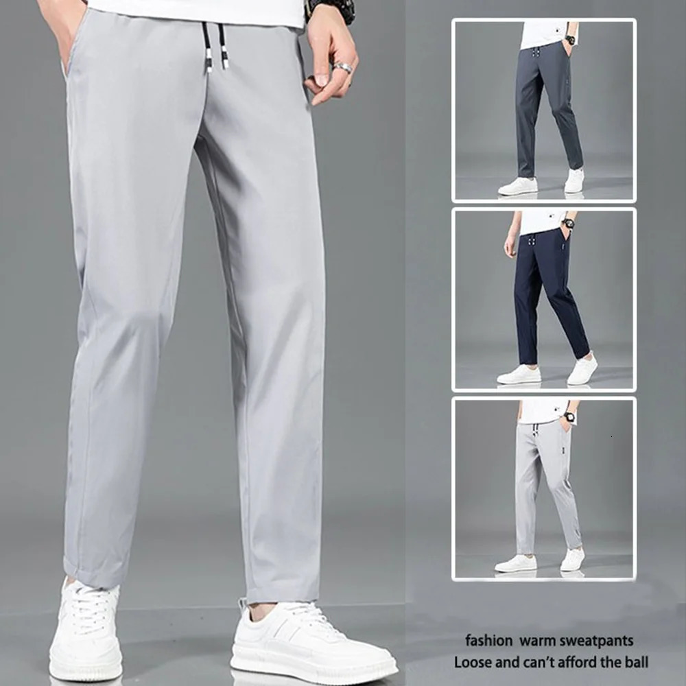 Summer Ice Silk Mens Pants Black Gray Thin Business Casual Pants Plus Size Outdoor Elastic Breathable Straight Leg Sweatpants 260612