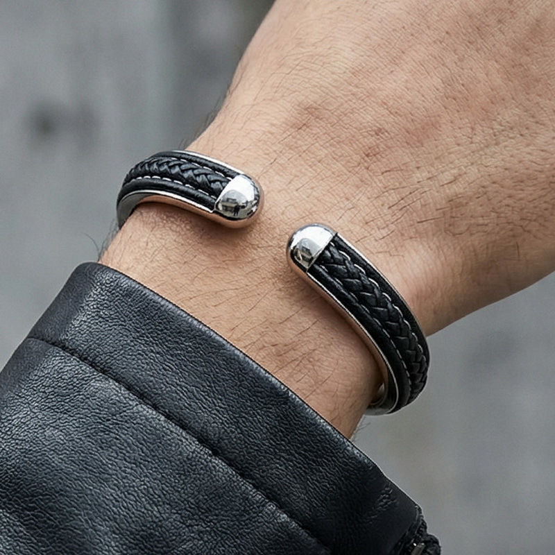 Fashionable unique Woven leather stainless steel C-shaped open Cuff Bangle Bracelet Men's accessory. KB97554-BD