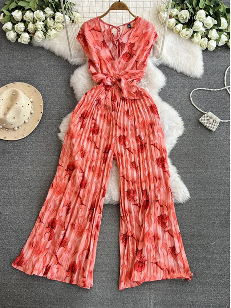 Sexy V-neck Sleeveless Waist Slimming Printed Jumpsuit for Womens Summer Fashion Temperament Wide Leg Long Pants Jumpsuit A68 260608
