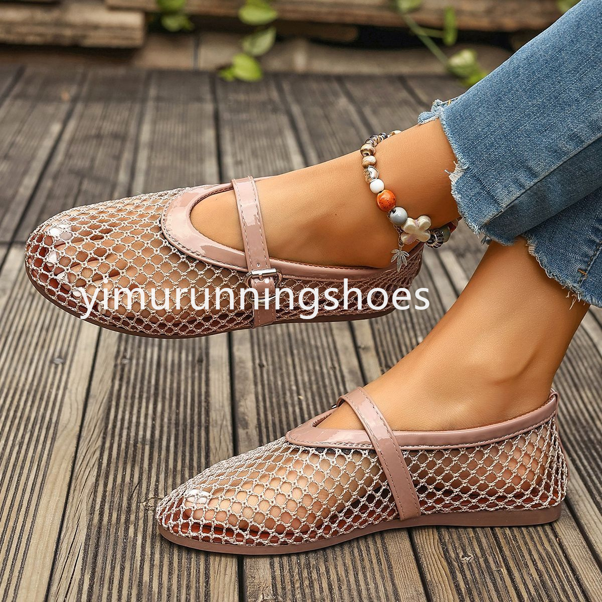 Net flat fashion sandals new summer round head breathable non-slip line button Mary Jane fishnet shoes ladies shoes x6