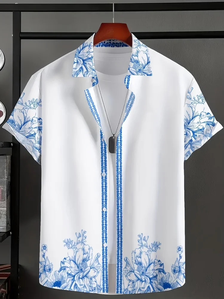 Summer Hawaiian Vintage Floral Printed Mens Short Sleeved Shirts Casual Fashion Lapel Button Shirt Men Clothing Tops 260611